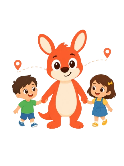 Roo with a group of happy children heading to their activities