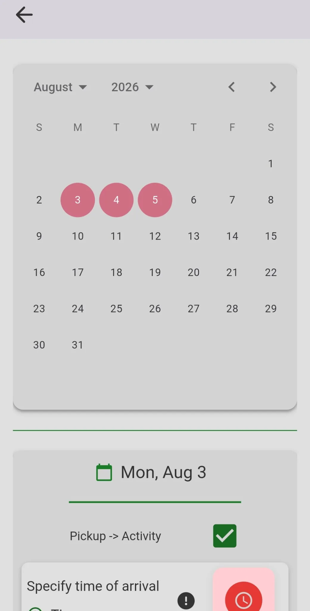 GoTeens booking screen with a weekly calendar of ride days