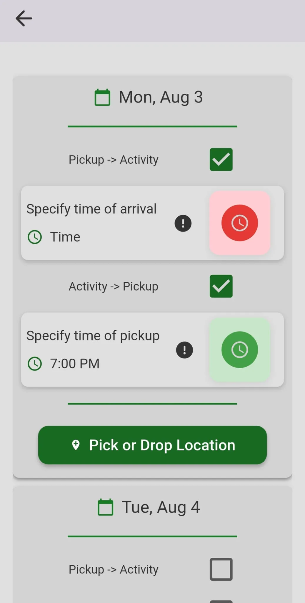 GoTeens app showing pickup and drop-off times being booked