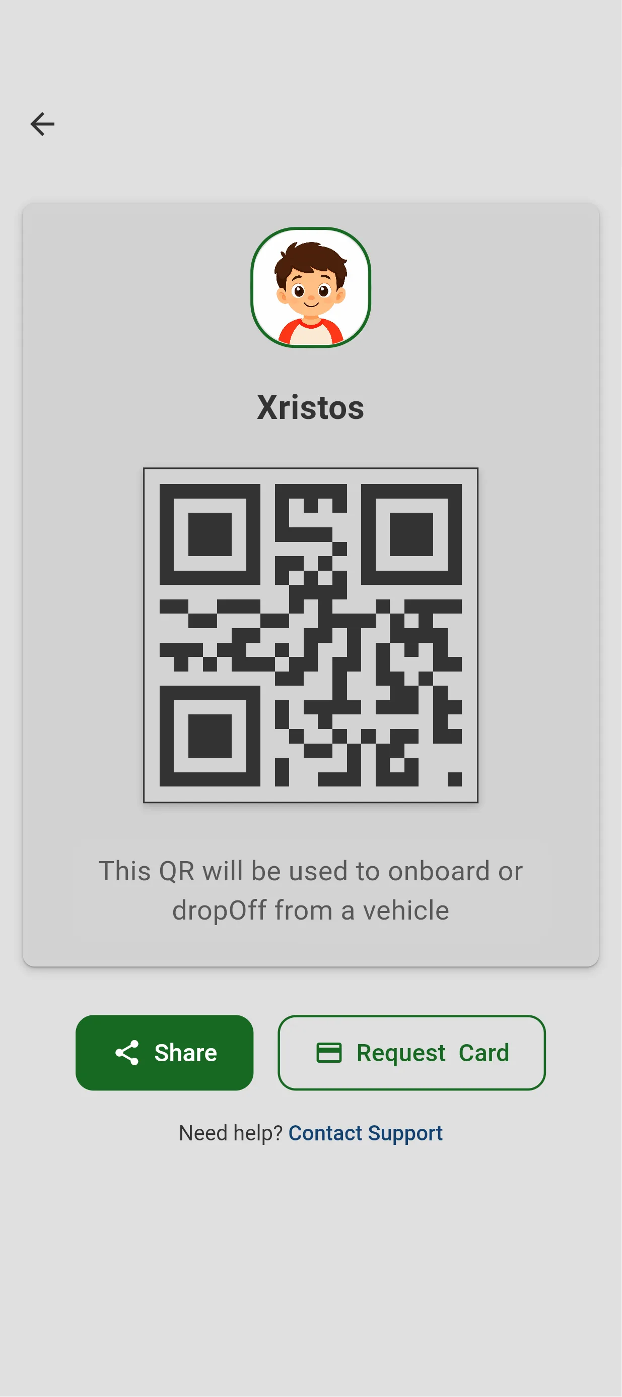 GoTeens screen showing a child’s personal QR check-in code