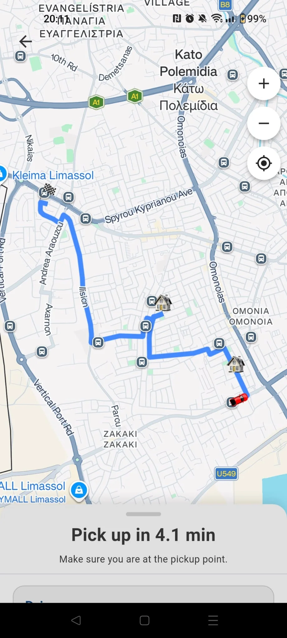 GoTeens app showing a child’s ride tracked live on a map of Limassol